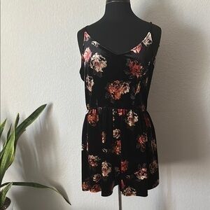 Floral Velour Velvet Black Sleeveless Cross Back Women's Romper